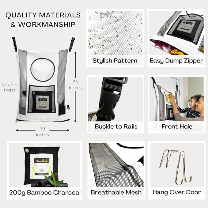AIR PURIFYING & ODOR ELIMINATING Small Hamper for Specialty Loads - Hanging Laundry Hamper Bag - Nursery Hamper & Potty Training Kids Hamper - Hanging Hamper - Over the Door Laundry Hamper