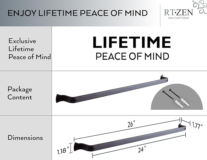 RTZEN Farmehouse Bathroom Towel Holder - Wrought Iron Matte Metal Black Towel Bar Wall Mount Rod - Handmade Home Decor Metal Kitchen Hanger Bar (26'' - Fits 24 Inch Towels)