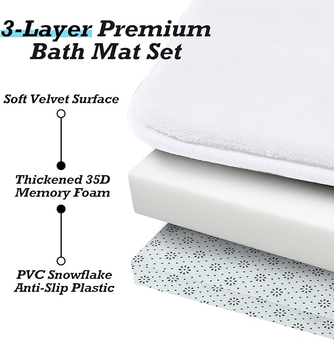 HUXMEYSON Bathroom Rugs Sets 3 Piece, Non-Slip & Quick Dry Bath Mat Set, Ultra Soft Velvet Bath Rugs for Bathroom, Toilet and Shower Floor, White