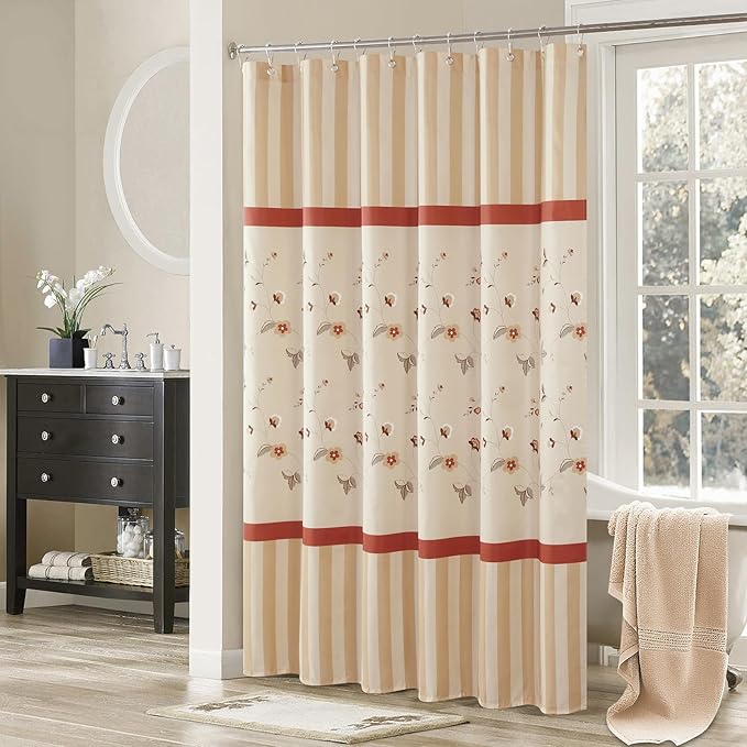 Floral Fabric Shower Curtains for Bathroom, Cream Beige Gray Flower Shower Curtain, Waterproof Washable Decorative Bathroom Curtains, 72" W x 72" H