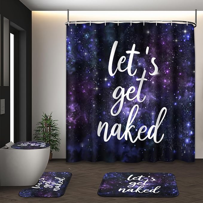ArtSocket 4PC Black and Purple Let's Get Naked Shower Curtain Sets Starry Sky Bathroom Decor with Rugs, Non-Slip Rug,Toilet Lid Cover, Bath Mat and 12 Hooks 72x72 inches