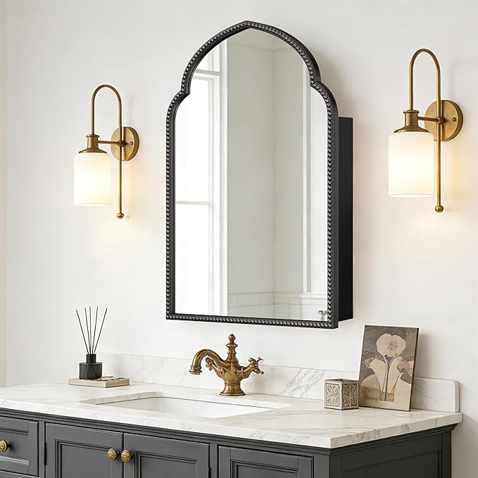 SogesHome Wall-Mounted Bathroom Mirror Cabinet, Irregular Arched Design, 19.7 x 29.9 Inch Retro Elegant Decoration Medicine Cabinet with Removable Shelves, Recessed Vanity Organizer, Black