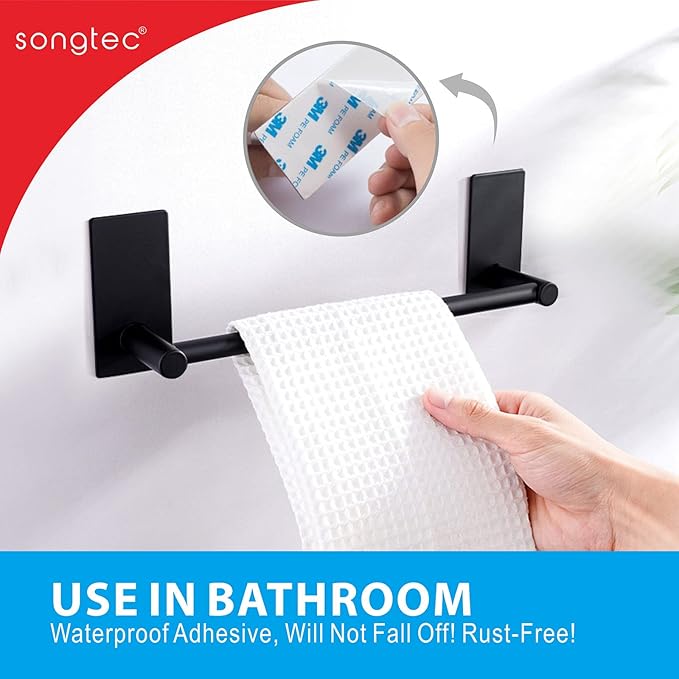 Adhesive Black Towel Bar 9-inch, Stick On Bath Towel Rack, Hand Towel Holders, No Drilling on Wall - Black