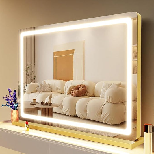 Gvnkvn Makeup Vanity Mirror with USB Charging Port 32" x 24" Large LED Makeup Mirror, Desk Mirorr with Lights, Light up Mirror with 10X Magnification and, Dimmable 3 Modes, Touch Screen Control
