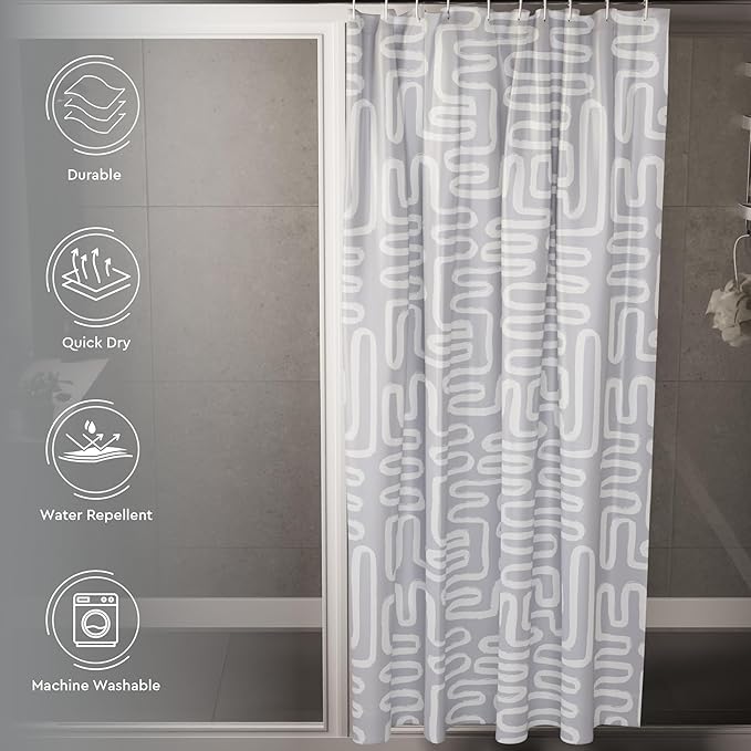 Encasa XO Shower Curtains for Bathroom 72x72 in with 10 Hooks | Waterproof Shower Liner Curtain | Premium Polyester Machine Washable Curtain for Bathroom - Boho Maze Grey