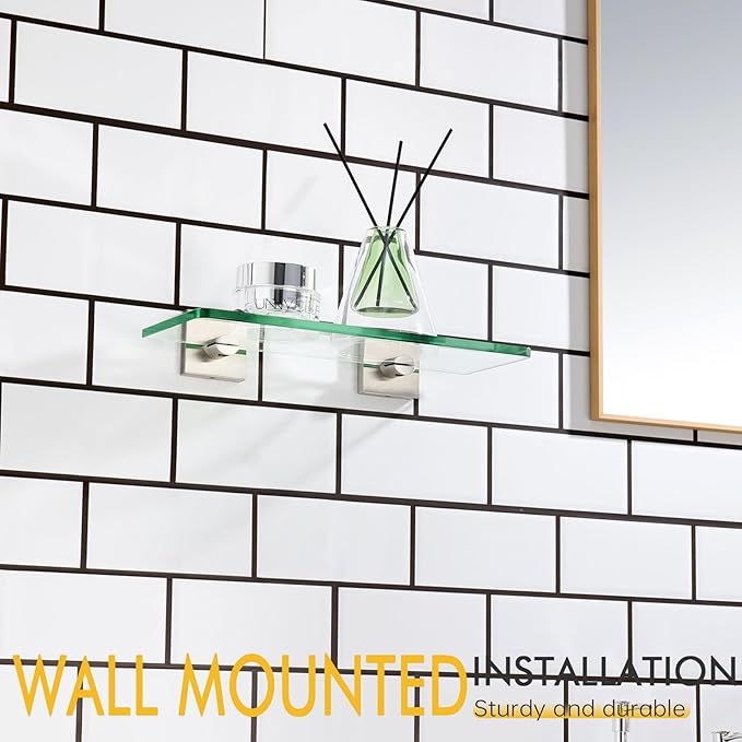 KOKOSIRI Floating Glass Shelf Bathroom Wall Mount Shelves 12-Inch Kitchen Rack for Shower Storage Home Decor, Brushed Stainless Steel B1107BR-L12