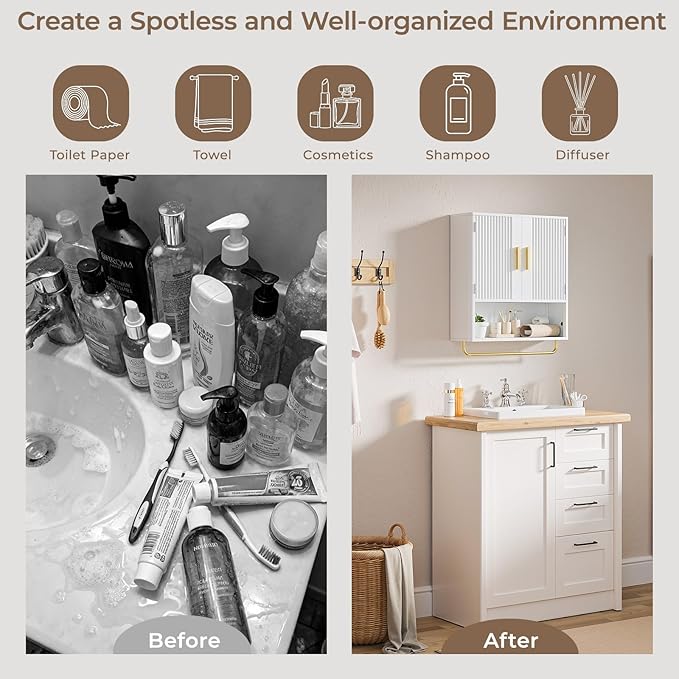 Memobarco Bathroom Cabinet Wall Mount with Fluted Door Panel & Adjustable Shelf, Medicine Cabinet with Open Partition and Towel Bar, Wall Storage Cabinet for Laundry Room & Kitchen (White)