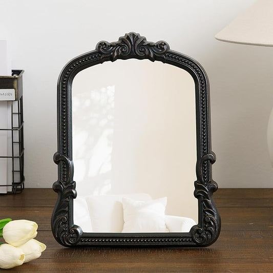 Vintage Small Black Vanity Makeup Mirror Antique Arched Baroque Tabletop Mirror Resin Frame Desktop Standing Mirror for Living Room Bedroom Dresser 9.6x12.3