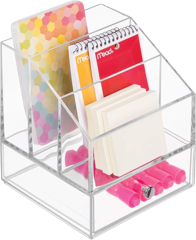 iDesign Clarity Cosmetic Palette Organizer with Drawer for Vanity or Cabinet to Hold Makeup, Beauty Products, Hair Accessories - 3 Compartments - Clear