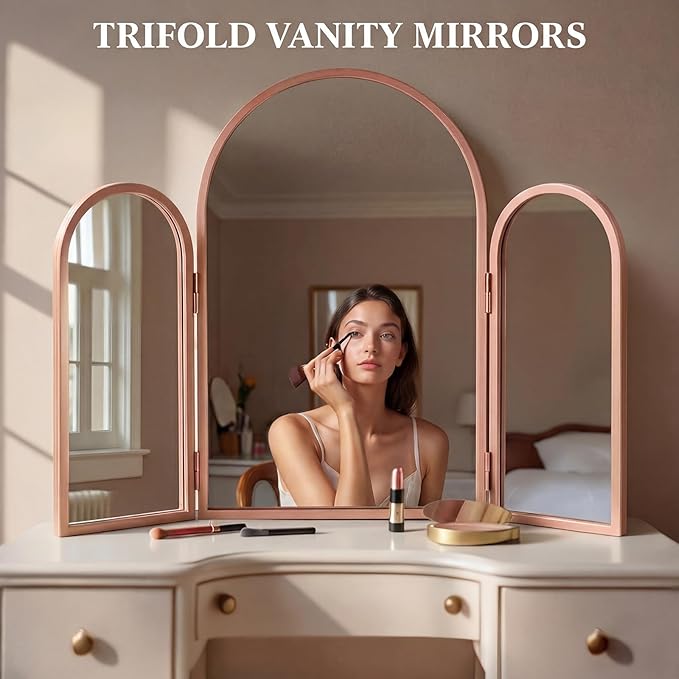 Wonderjune Trifold Vanity Mirrors 3 Way, 30 x 37 in Adjustable Arch Trifold Mirror for Bathroom Bedroom, Decorative Folding 3 Sided Mirror Wall Mounted for Braiding Hair Makeup(Rose Gold)