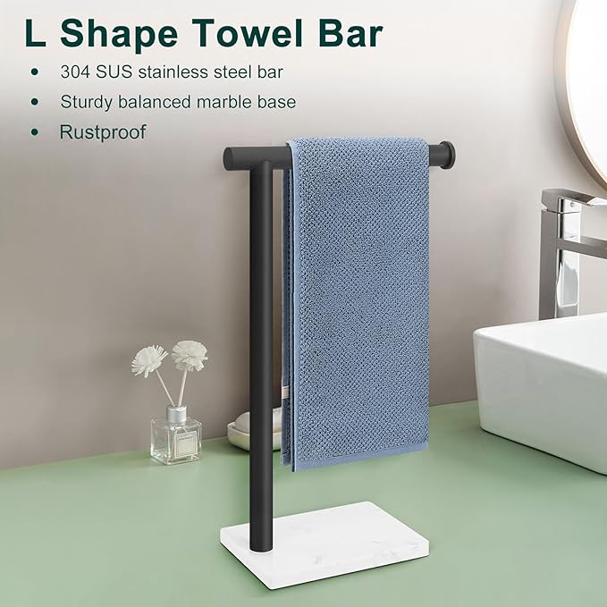 Hand Towel Holder, Hand Towel Stand for Bathroom with Marble Base, 304 Stainless Steel L Shape Hand Towel Rack Bar Standing for Vanity Kitchen Countertop, Matte Black