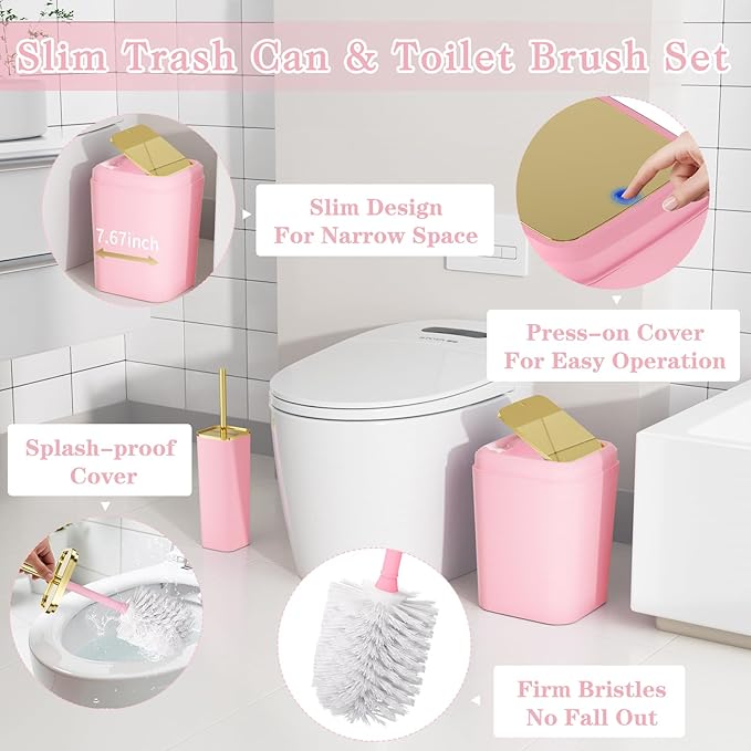 Bathroom Accessories Set - 27PC Bathroom Sets with Shower Curtain and Rugs, Pink Bathroom Set, Pink Bathroom Accessory Set with Trash Can, Toilet Brush & 3 PC Soap Dispensers
