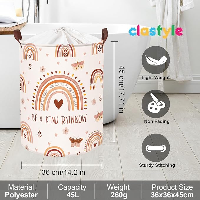 Clastyle 45L Boho Rainbow Laundry Hamper with Handle Drawstring Waterproof Butterfly Flowers Pink Laundry Basket Round Clothes Toys Heart Basket for Nursery Room