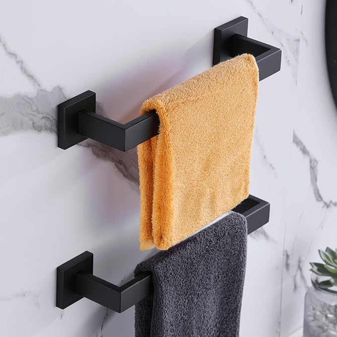 LANC 2 Pack 16-Inch Bathroom Towel Bars, Total-18 Bathroom Square Towel Racks, Kitchen Hand Towel Holders SUS304 Stainless Steel Wall Mount Towel Hanger Towel Rods, Matte Black A8804-4MB