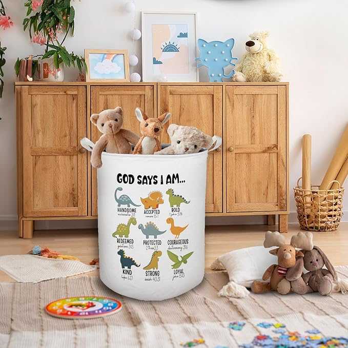 God Say I Am Dinosaur Nursery Laundry Basket, Toybox for Boys Room, Christian Laundry Basket Hamper Waterproof Collapsible Clothes Toys Storage Bin Organizer for Bedroom Bathroom Kids Room Dorm