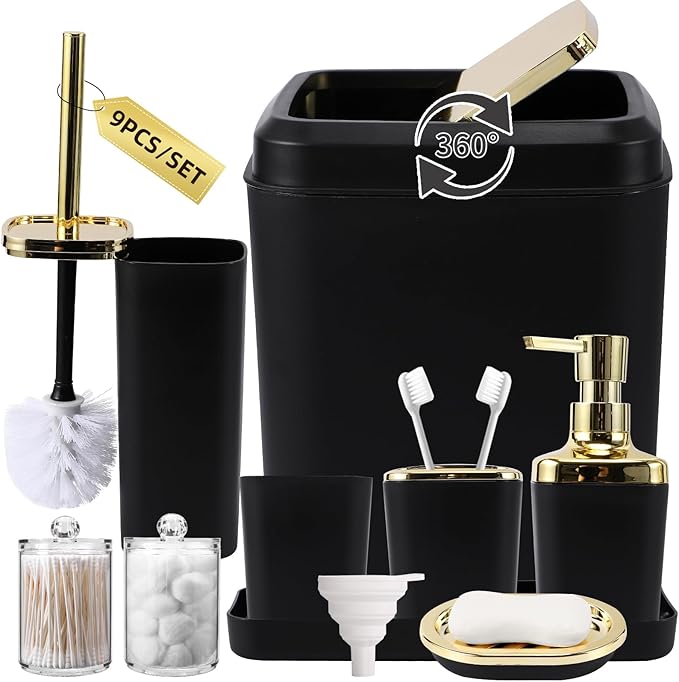 XLHOMO Black Bathroom Accessories Set, Black and Gold Bathroom Accessories with Trash Can, Tray, Soap Dispenser, Soap Dish, Toothbrush Holder, Toothbrush Cup,Toilet Brush and Qtip Holders