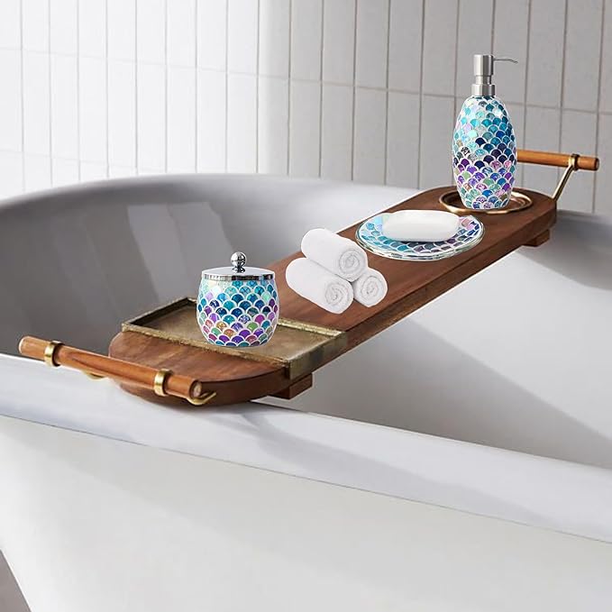 Escenzy Mermaid Bathroom Accessories Sets 4 Pcs | Luxurious Soap Dispenser, Toothbrush Holder, Cotton Glass Jar, Soap Tray | Mermaid Bathroom Decor | Modern Mosaic Glass Bathroom Accessories