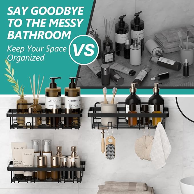 Cusbus Shower Caddy, 3 Pack Organizer, Adhesive No Drilling Traceless Shelves, Rustproof SUS304 Stainless Steel Bathroom Shelf for Inside & Kitchen Storage (Black)