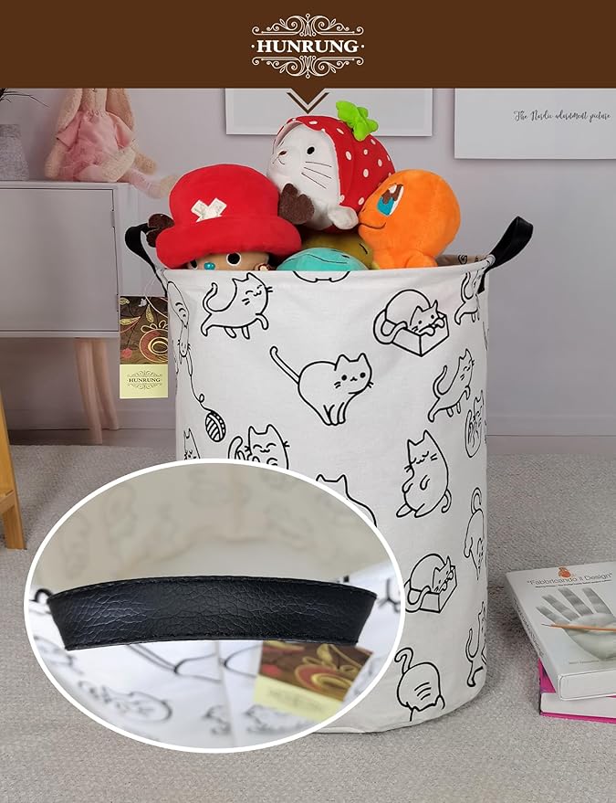 HUNRUNG Laundry Hamper,Large Canvas Fabric Lightweight Storage Basket Toy Organizer Dirty Clothes Collapsible Waterproof for College Dorms, Children Bedroom,Bathroom???Round cat???