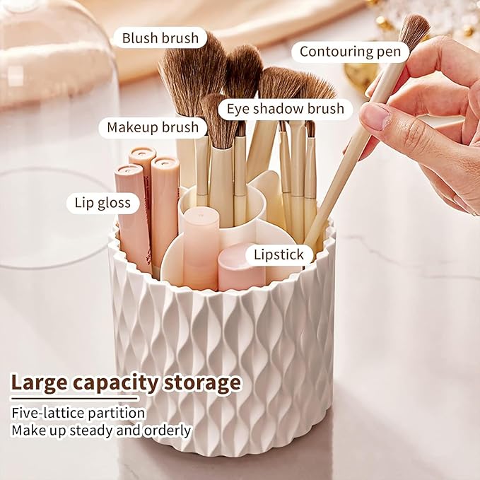 Makeup Brush Holder 360 Rotating Make up Organiser with Dustproof Lid???Acrylic Make up Brush Holder for Lipstick, Lip Gloss, Eyeliner, Bedroom, Bathroom (White)