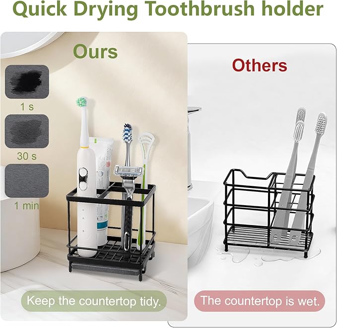 Carbon Steel Toothbrush Holders for Bathrooms, 5 Slots Kids Electric Tooth Brush and Toothpaste Organizer for Countertop, Shower, Vanity, Black
