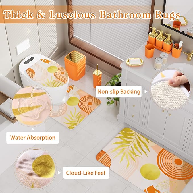 Bathroom Accessories Set - 27PC Bathroom Sets with Shower Curtain and Rugs, Orange Bathroom Set, Orange Bathroom Accessory Set with Trash Can, Toilet Brush & 3 PC Soap Dispensers