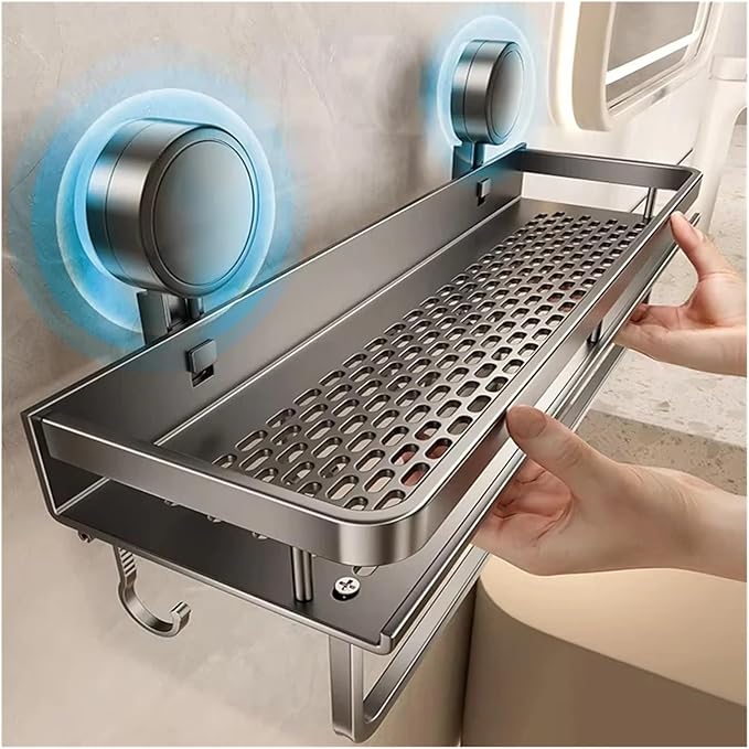 No Drill Suction Cup Suction Bathroom Rack Bathroom Shelf Toilet Space Aluminum Hanging Rack Bathroom Organizer Hang On The Wall(Grey layer 50cm rod)