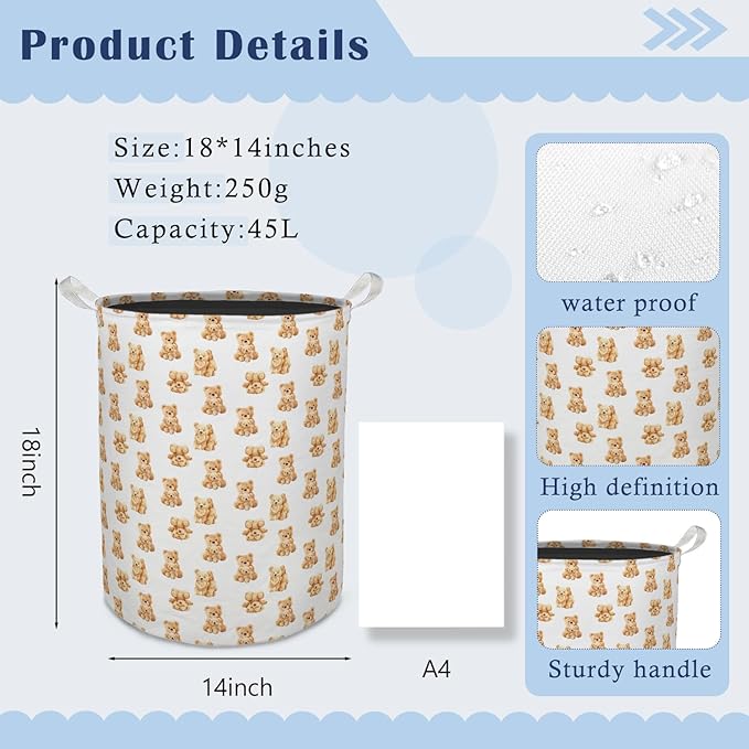 Bear Nursery Kids Laundry Basket Hamper, Cute Brown Little Bears Foldable Clothes Toys Books Storage Box Bins Baskets Organizer for Nursery Kids Room Bedroom Playroom