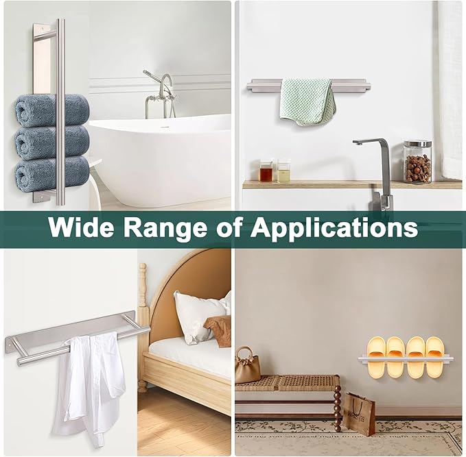 Self Adhesive Towel Bar, 16 Inch Round Towel Racks for Bathroom Wall Mounted SUS304 Stainless Steel Towel Hanger for Kitchen, No Drill or Screw-Mounted Towel Holder (Brushed Nickel)
