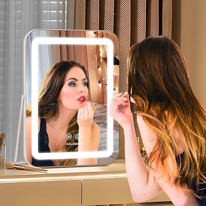 halumao Vanity Mirror with Lights, 14.5" Light Up Makeup Mirror, LED Makeup Mirror with Lights for Bedroom Tabletop, Smart Touch Control 3 Colors Dimmable, 360° Rotation