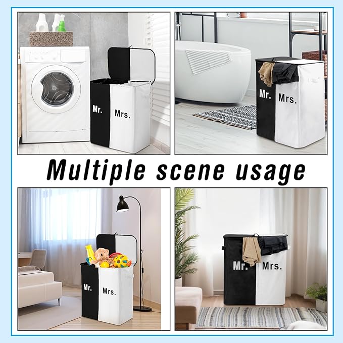 DoubleFill 154L Large Double Laundry Hamper with Lid and Removable Bags Laundry Basket 2 Section Collapsible Dirty Clothes Hamper for Bathroom Bedroom for Husband&Wife Parents or Couple (Mr. Mrs.)