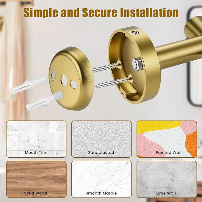 Brushed Gold 4 Piece SUS304 Stainless Steel Bathroom Accessories Set, 24 Inch Towel Bar Set, Round Bathroom Accessories Kit Wall Mounted, Minimalist Design for All Styles Bathrooms (Gold)