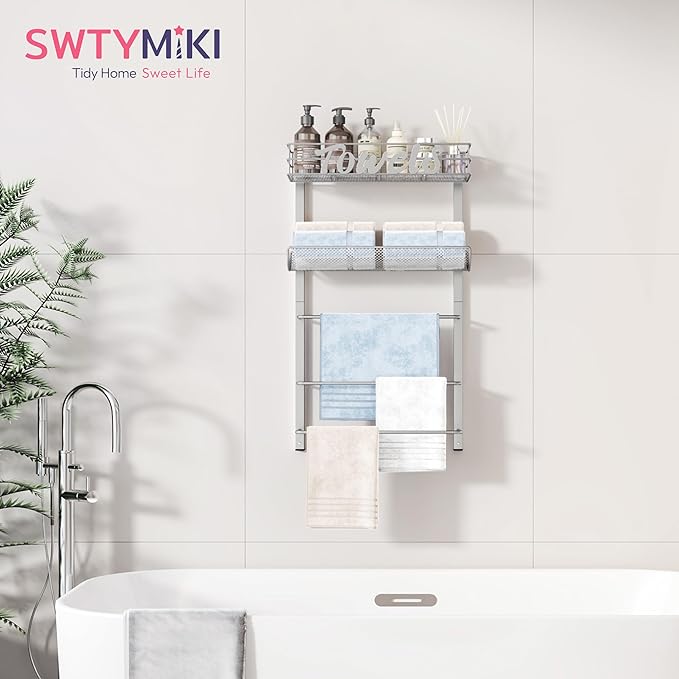 SWTYMIKI Over The Door Towel Racks for Bathroom - 5-Tier Wall Mounted Bathroom Towel Storage Organizer Holder with Metal Shelf, Sliver