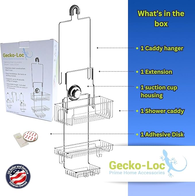 Gecko-Loc SHS-015EXT Extra Long Adjustable Hanging Shower Caddy, Over-the-Showerhead Organizer for Shampoo, Soap, Razors, Rustproof Stainless Steel, Silver