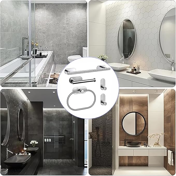 Bathroom Hardware Set, 16" Bathroom Towel Holder with Toilet Paper Holder, Towel Ring, Towel Hook, Bathroom Accessories for Kitchens, Laundry Rooms (10, Sliver)