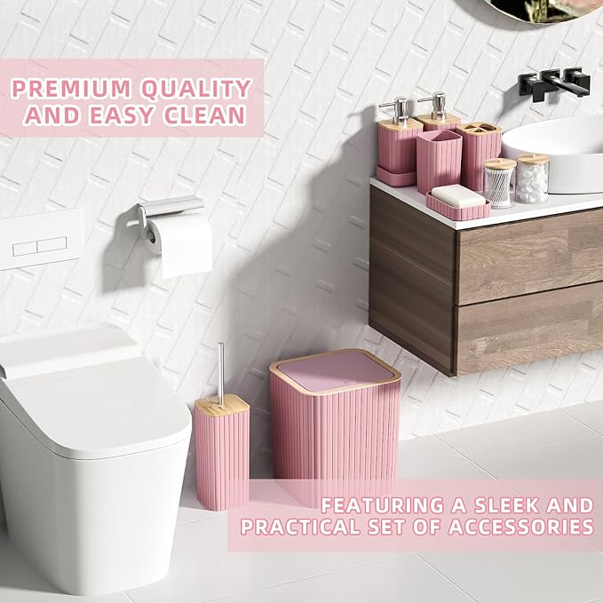 XLHOMO Bathroom Accessories Set - 25PC Pink Bathroom Set, Bathroom Set with Shower Curtain and Rugs, Pink Shower Curtain Set, Toilet Brush, Bathroom Trash Can