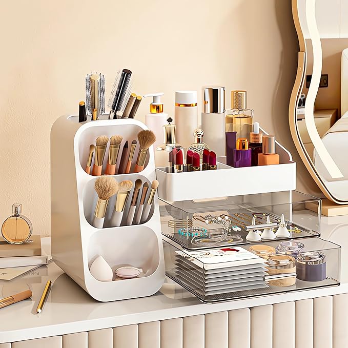 DASITON Makeup Organizer with Brush Holder for Vanity, Bathroom Countertop Organizer with 2 Drawers, Large skincare storage organizers for perfume, lipstick, Nail Polishes and Beauty Essential (White)