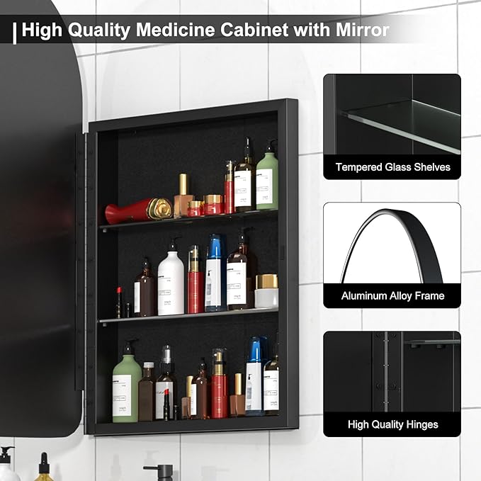 Arched Medicine Cabinet with Mirror,20x31 Inch Black Recessed Bathroom Cabinet, Modern Mirror Cabinet Surface Mount,Black Arched Medicine Cabinet with Storage,Adjustable Shelves
