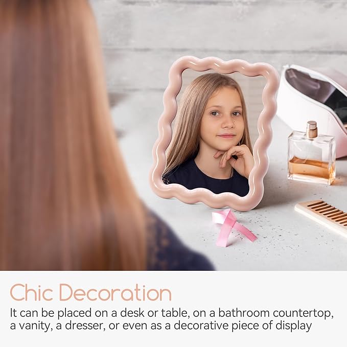 Philbinden Cute Wave-Shaped Desk Vanity Makeup Mirror, Portable Folding Travel Makeup Mirror for Standing/Hanging, Home Decorations for Women Girls (1, Pink)