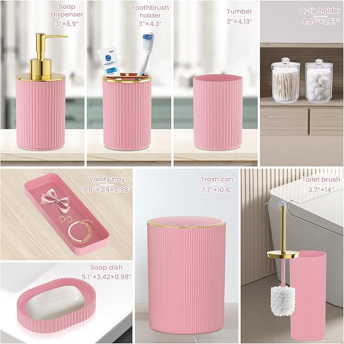Light Pink Bathroom Accessories Set, 10PC Bathroom Set, Bath Accessory with Pop Up Trash Can, Soap Dispenser, Toilet Brush, Toothbrush Set Qtip Holders & Tray