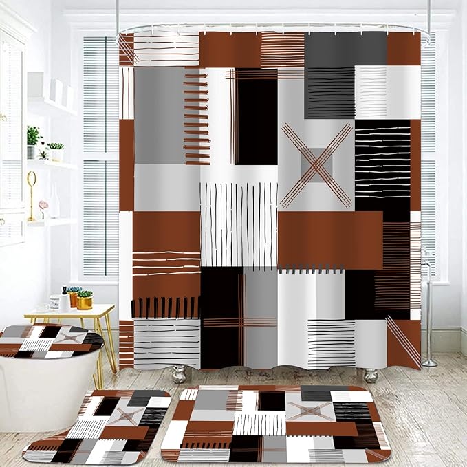 Shower Curtain Sets Brown Bathroom Sets with Shower Curtains and Rugs Modern Home Bathroom D??cor Accessories,Grey and White Shower Curtains Waterproof with Non-Slip Rugs Toilet Lid Cover and Bath Mat