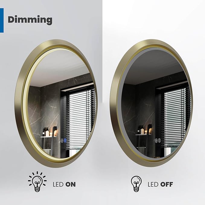 24 Inch Round LED Mirror for Bathroom, Gold Metal Frame Lighted Vanity Mirror with 3 Color Modes, Touch Dimmer - Anti-Fog Wall Mounted Circle Mirror with Lights - Fab Glass and Mirror