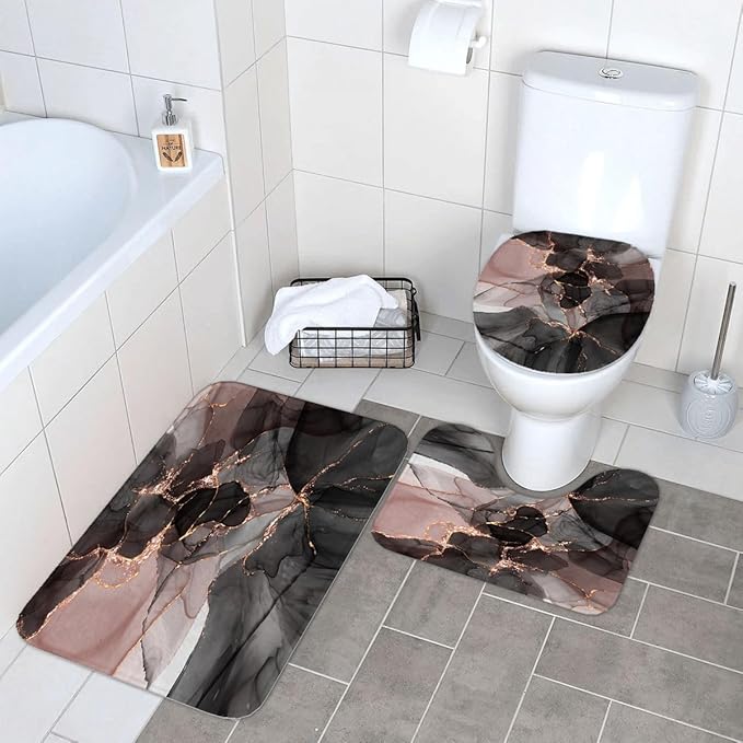Ansouyi 4Pcs Bathroom Shower Curtain Sets with Non-Slip Rugs, Toilet Lid Cover and Bath Mat, Abstract Pink Gold Black Marble Durable Waterproof Shower Curtain for Bathroom Set, 72x72 Inch