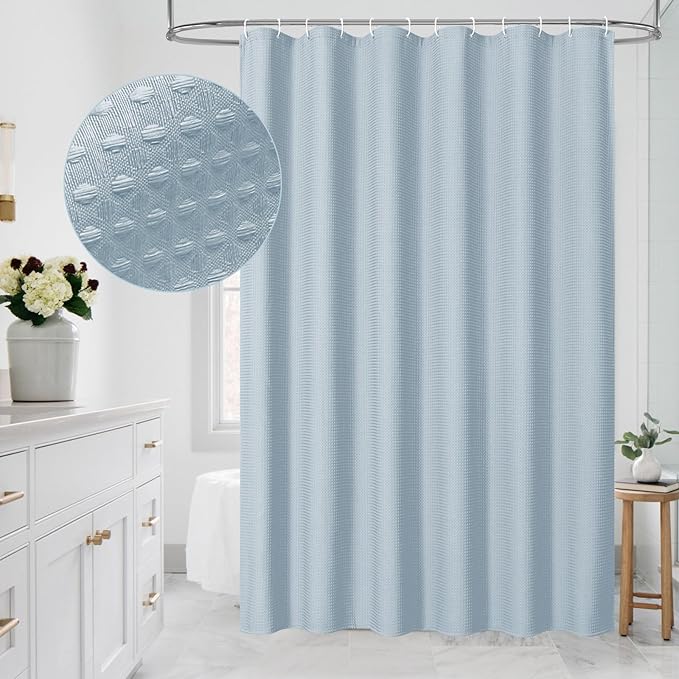 MitoVilla Extra Long Shower Curtain 72 x 84, Blue 84 inch XL Waffle Fabric Shower Curtains for Modern Luxury Bathroom Decor, Waffle Weave Textured Weighted Shower Curtain 84 inch, Fog Blue