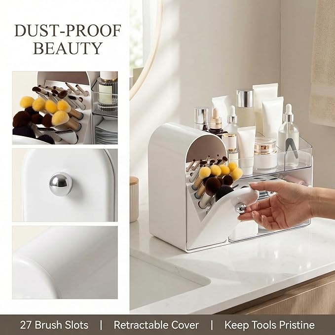 27 Slot Countertop Makeup Organizer with Brush Holder, 3-Tier Multifunctional Makeup Storage Organizer for Vanity, Fits Brushes & Large Cosmetics, Detachable & Easy to Clean