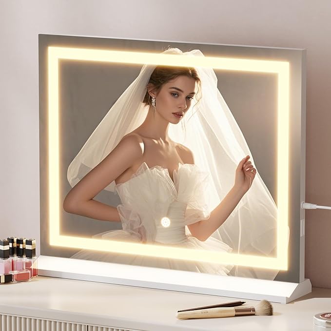 Memobarco Vanity Mirror with Lights, 23"x 18" Makeup Mirror with 3 Color Modes 5X Magnification & USB/Type-C Charging Port, Large LED Mirror for Bedroom Tabletop & Wall Mounted