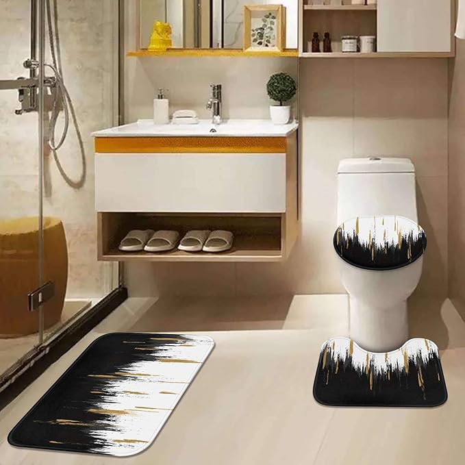 Black Gold White Shower Curtain Set with Toilet Lid Cover and Non-Slip Rugs for Bathroom, Modern Oil Painting Abstract 4 Pcs Shower Curtain, Bathroom Set with 12 Hooks