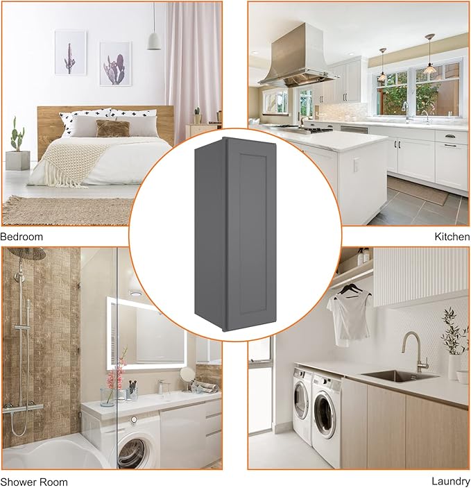 ROOMTEC Wood Wall Cabinet,RTA Single Door Medicine Cabinet with Adjustable Shelves and Soft-Close Door for Kitchen, Bathroom, and Laundry. 12" D*12" W*36" H, Shaker Grey