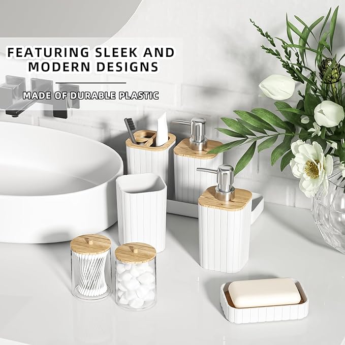 XLHOMO Bathroom Accessories Set - Elegant White Bathroom Set, 10PC Bathroom Accessory Set, Toilet Brush, Trash Can, Qtip Holder Dispenser & Soap Dispenser