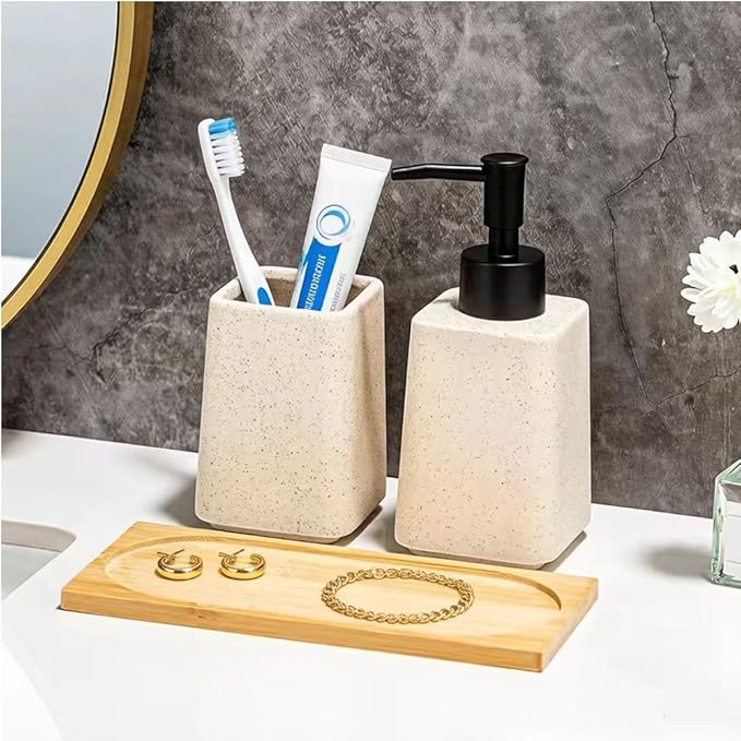 Beige Soap Dispenser and Toothbrush Holder Set,Ceramic Bathroom Accessories Set with Tray.Lotion Dispenser and Tumbler for Modern Bathroom Decor